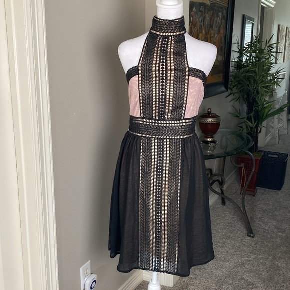 Venus Womens A Line Dress Black Mauve Color Block Halter Neck Lace Trim size S - Picture 2 of 10